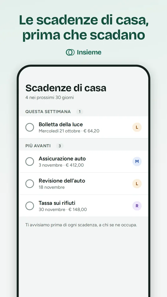 Schermata Scadenze dell'app Insieme